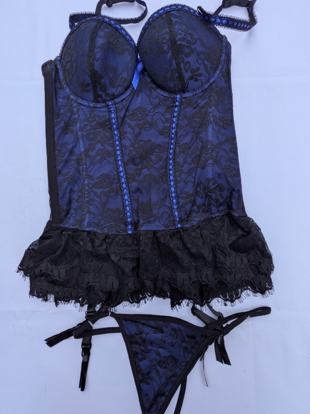 Women's Black & Blue Lace Bustier Set - Unbranded